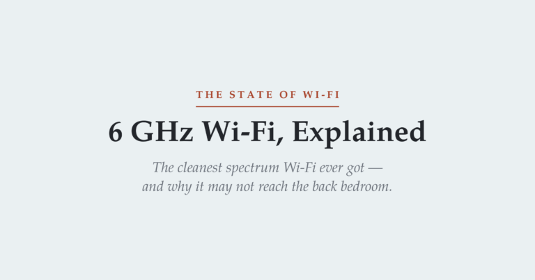 The State of Wi-Fi series title card — "6 GHz Wi-Fi, Explained," with the subtitle that 6 GHz is the cleanest spectrum Wi-Fi ever got but may not reach the back bedroom.