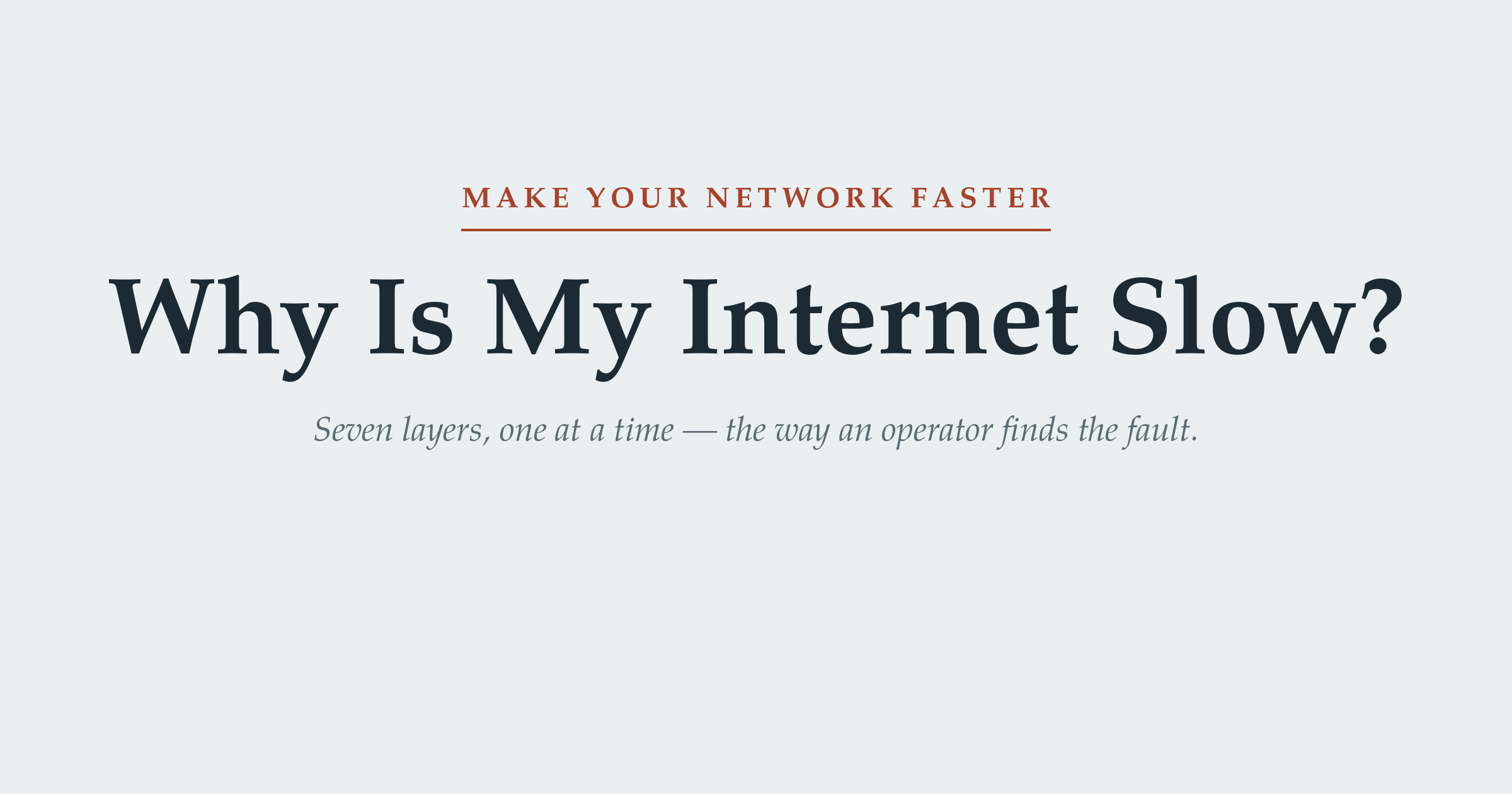 Featured graphic reading "Why Is My Internet Slow?" beneath the rust "Make Your Network Faster" series label — JanusCPE operator's diagnostic checklist.